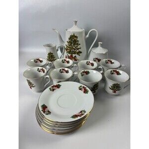 Tienshan Holiday Hostess Christmas Tree Coffee/ Tea Set Pot Cream Sugar Cups